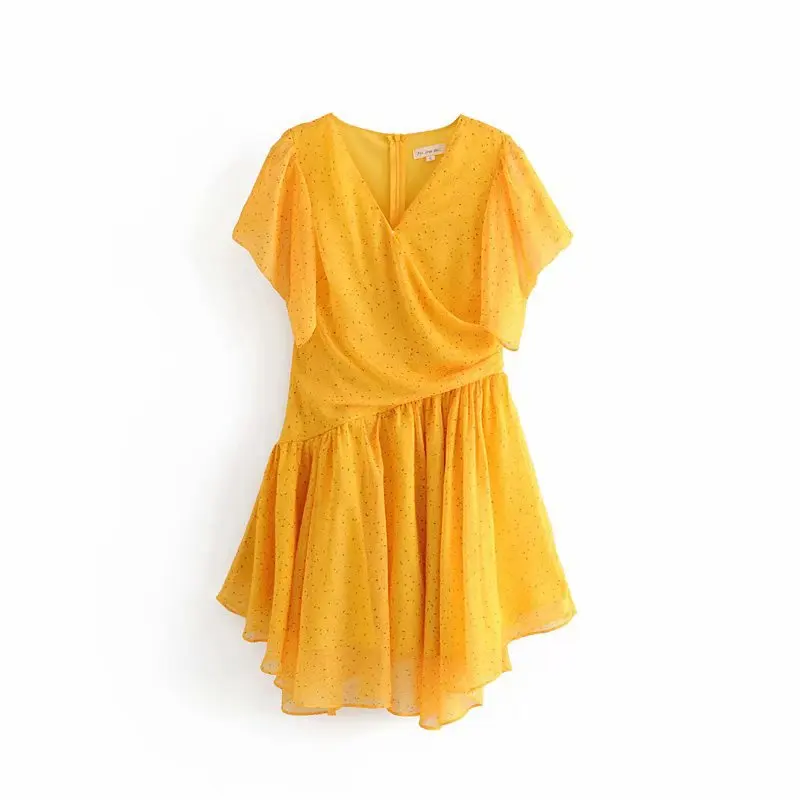 elegant yellow v neck dot print irregular summer dress 2019 women chiffon ruffles mini party female vestidos | Женская одежда