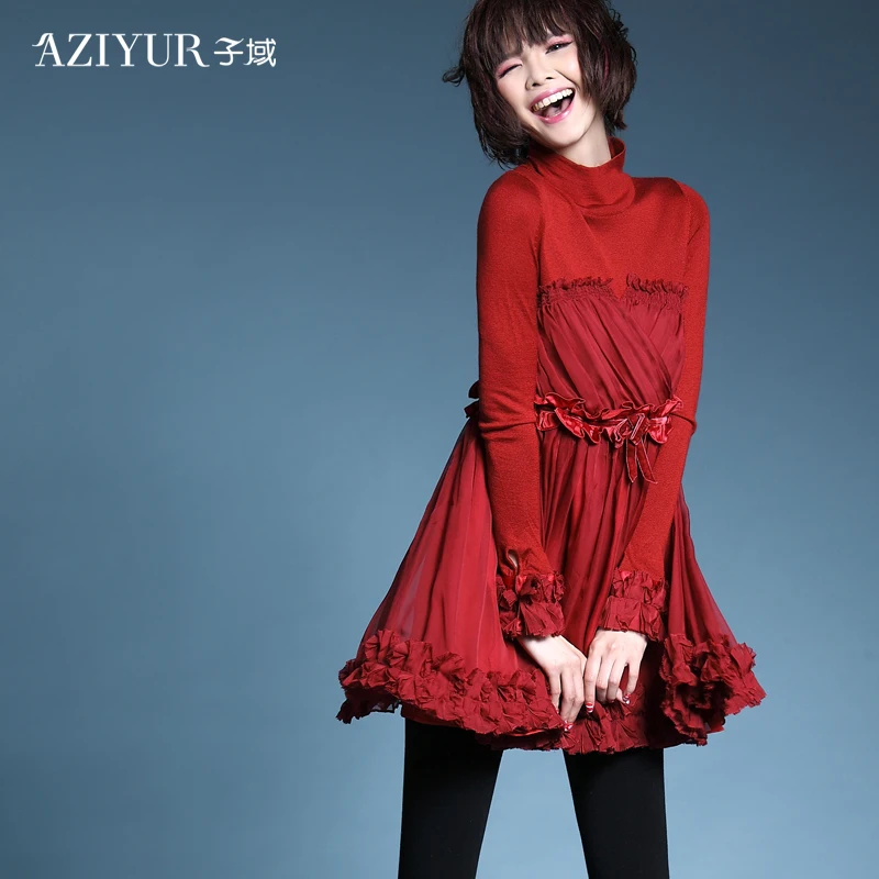 2016 new spring D1479E long sleeve knit stitching Chiffon Dress turtleneck dress | Женская одежда