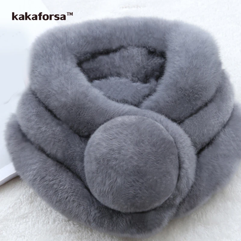 

Kakaforsa Rabbit Fur Scarf For Women Winter Brand Luxury Knitted Female Fur Scarf Rex Collar Warm Neck Color Pompoms