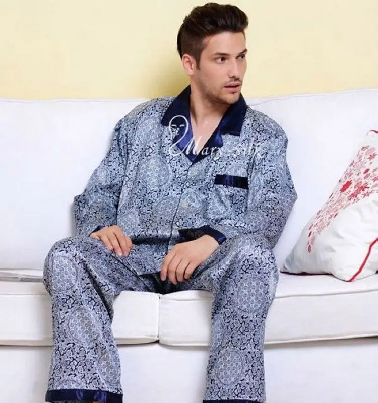 Пижамный комплект Мужской Атласный шелковая пижама одежда для сна халаты ночная