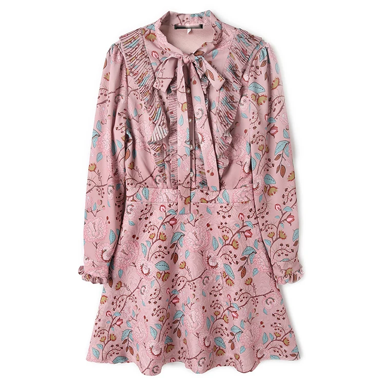 LD LINDA DELLA Spring Fashion Runway Dress Women's Long Sleeve Bow Collar Ruffles Ruched Floral Print Vintage Elegant Dress