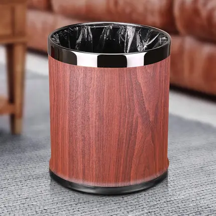 walnut s Металлическая мусорная корзина для дома и офиса, двухслойная 10л 14л открытая Верхняя Круглая габаражная банка для ванной комнаты кухни отеля мусорное ведро - Цвет: walnut s