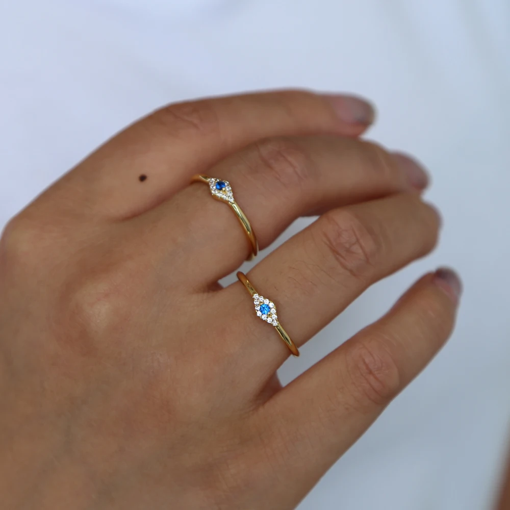 

US size 6 7 8 tiny blue white cz evil eye ring Gold filled minimal delicate girl women gift lucky eye thin finger rings