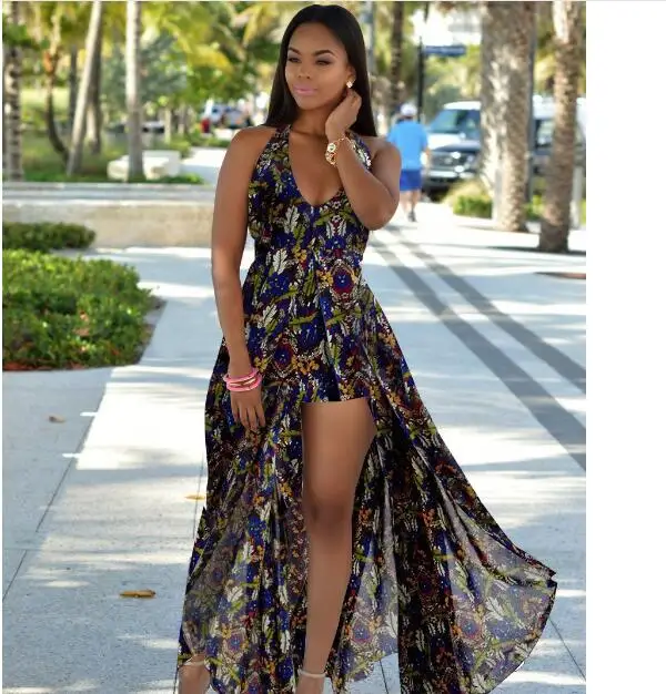 Boho глубоким v образным вырезом спинки длинное платье шифон Сплит крест на