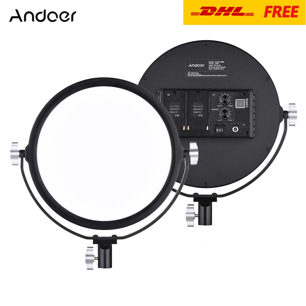 

Andoer OLED-260S 3200K-5600K Photographic Lighting Adjustable Brightness Bi-Color Temperature LED Video Light CRI 95+ 30W Output