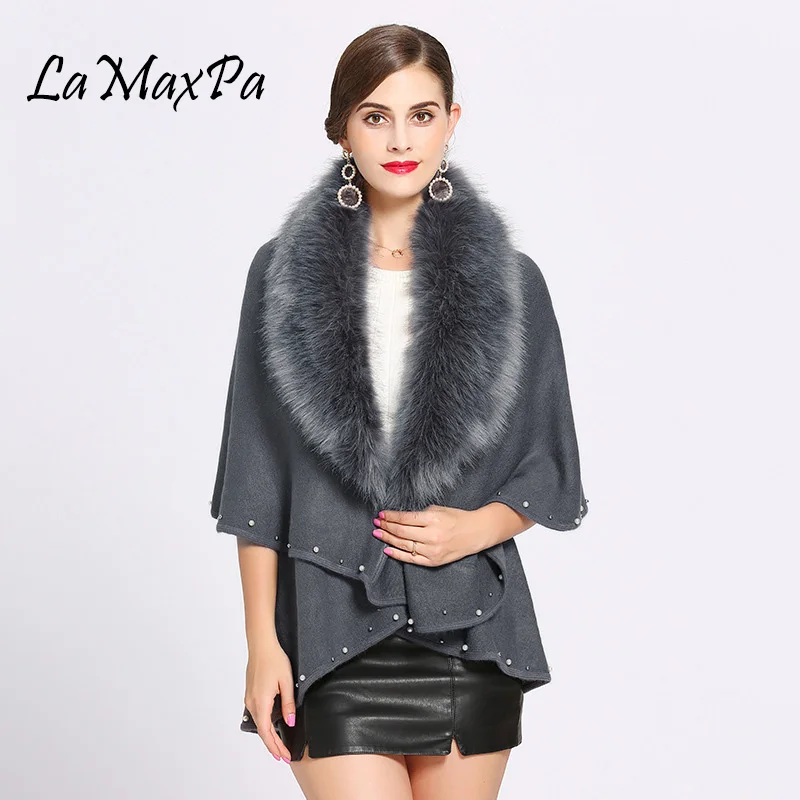 

LaMaxPa Autumn Winter New Fashion Women Solid Knitted Hooded Vintage Fake Fox Fur Cashmere Shawls Wraps Cape Femme Coat Poncho