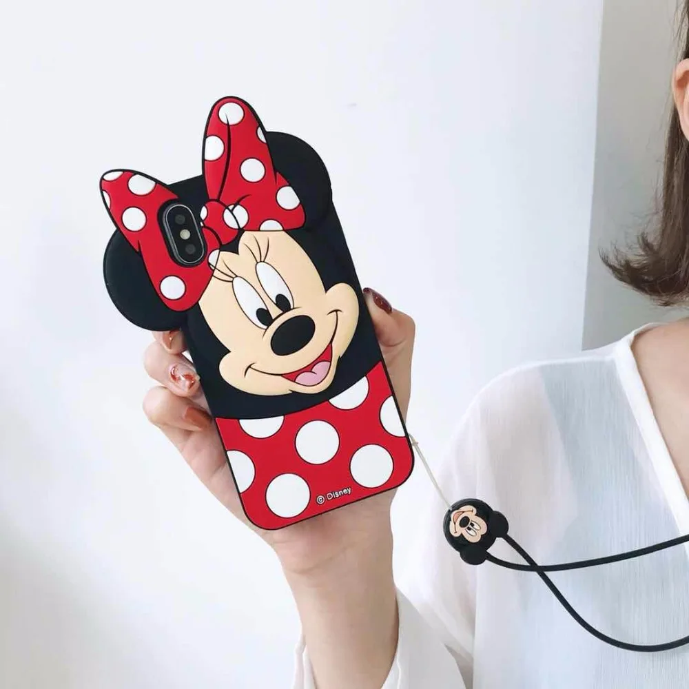 HAIANGUO Cute 3D Cartoon Minnie Mickey Mouse Soft Silicone Case For iPhone 6 6s 6S Plus 7 8 5s X Back Cover with Lanyard |