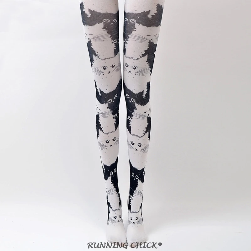 

Spring Cute White Cat With Black Printed Women 2018 New Pantyhose Cartoon