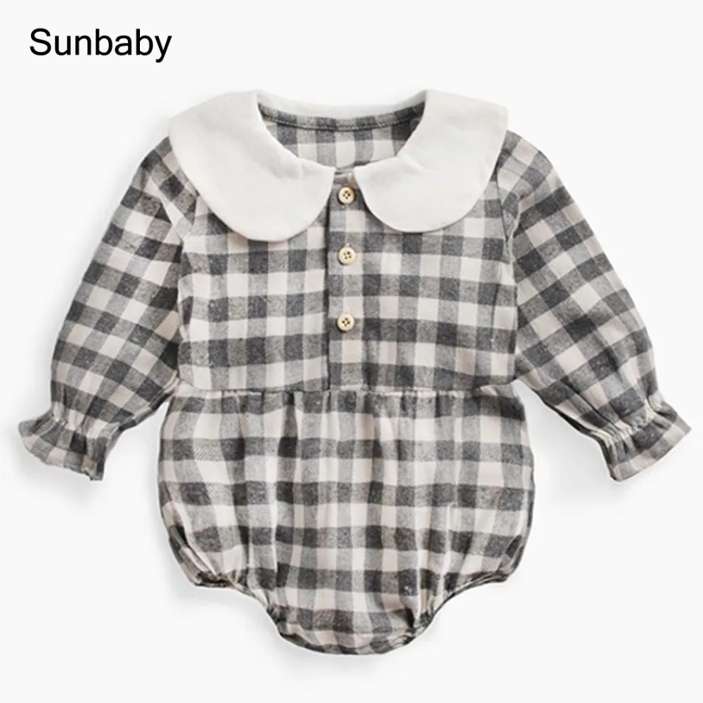 

New summer baby bodysuit all cotton grid fabric col claudine baby clothes 0-36 Months I0307