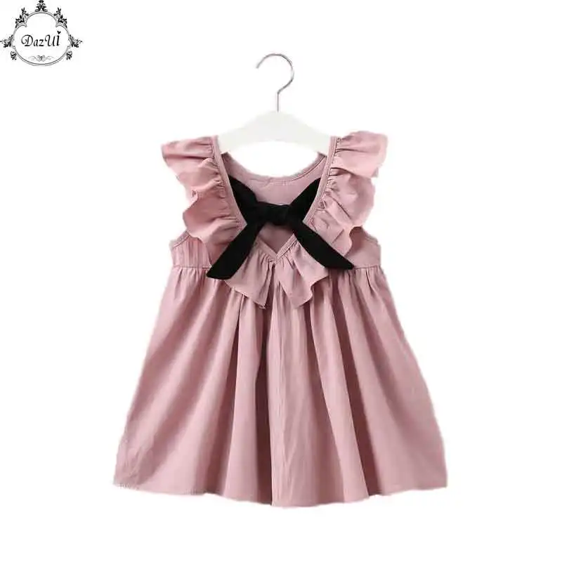 Dusty Pink Baby Girl Dress Ruffle Collar Children Clothes Backless Kids Summer Girls with Bow Cute Toddler | Детская одежда и