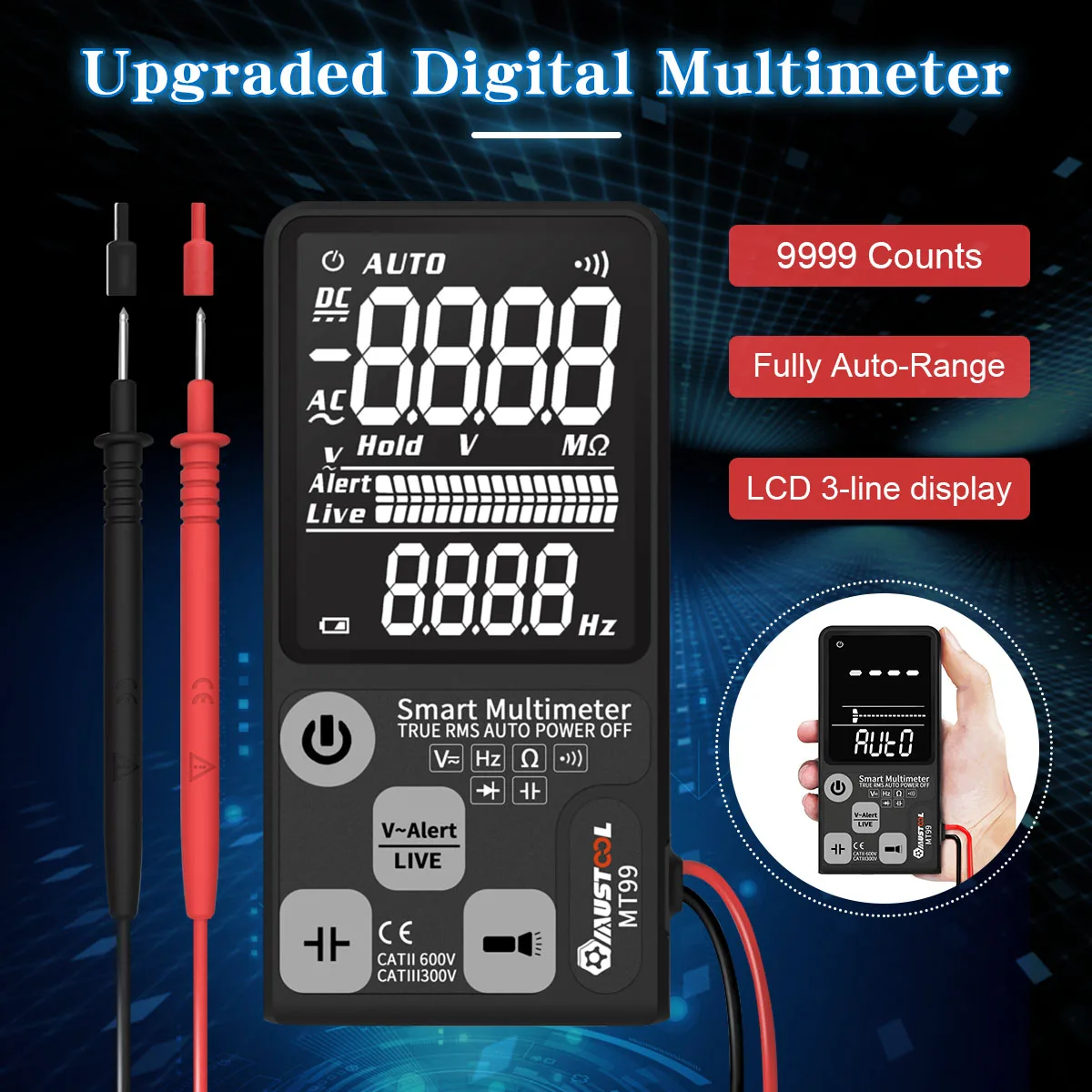 Модернизированный MT99 True RMS 9999 отсчетов MUSTOOL цифровой мультиметр в сверхвысоком разрешении EBTN ЖК-дисплей 3 он-лайн Дисплей Полная Авто Диапазон Смарт DMM