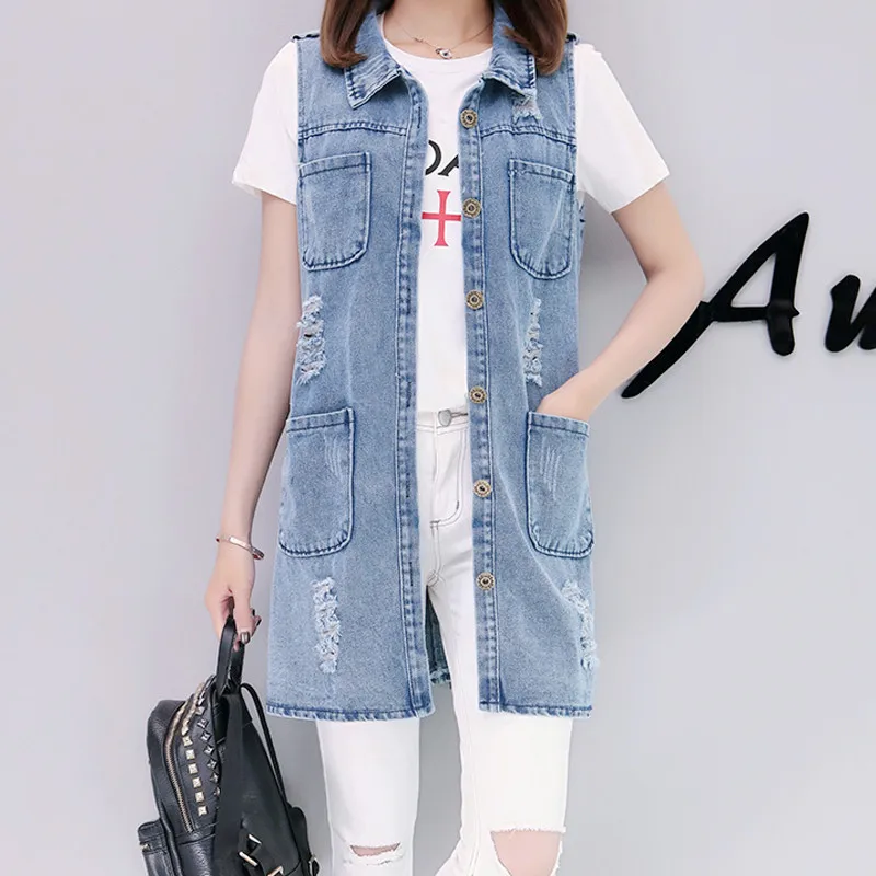 Women's Denim Vests 2019 Spring Summer Ripped Long Hole Jeans Waistcoat Femme Fahion Sleeveless Casual Jacket Outerwear R776