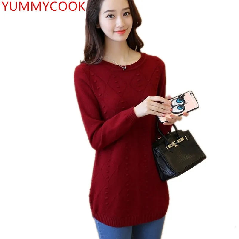YUMMYCOOK Весна Осень Slim fit Средний длинный вязаный свитер женский с круглым вырезом