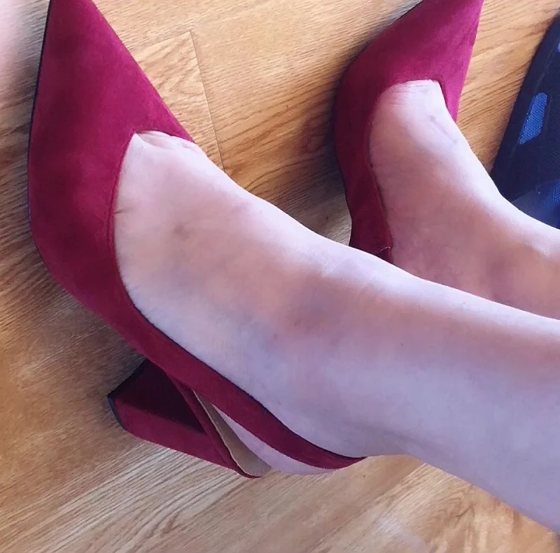 Высокие каблуки Короткая Slingback мода Работа насосы Размер 4 34 Синяя женская обувь офис элегантный замша черный Указательный палец 33 китайская новая Лето Китай
