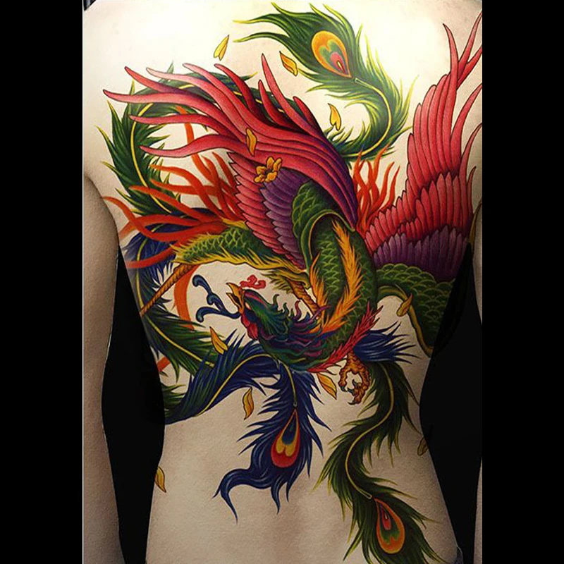 

High quality super large fake tattoo on full chest back temporary tattoos waterproof phoenix bird carp dragon colored big tattoo