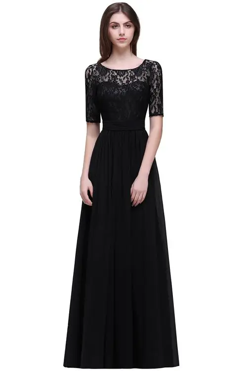 Vestido longo, элегантные бордовые трапециевидные кружевные платья подружки невесты, Длинные шифоновые платья для выпускного вечера, вечерние платья - Цвет: Черный