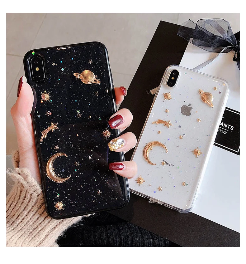 Модный сверкающий Блестящий Звездный лунный чехол для телефона для iphone 6 6s 7 8 plus прозрачная задняя крышка для iphone X XS MAX XR чистый мягкий чехол