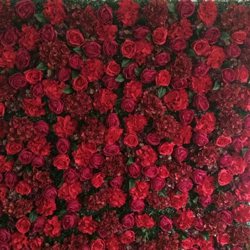

8ft X 8ft Top Quality Luxury Hot Red Flower Backdrop Wedding Flower Wall Artifical Roses With Hydrangea Stage Decoration