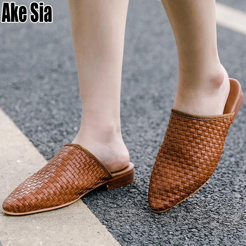 Модные женские летние плетеные шлепанцы с острым носком на низком каблуке Mujer