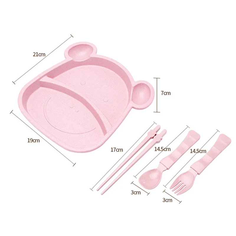 

4Pcs/Set Baby Kid Portable Plate Fork Spoon Chopsticks Tableware Set New Wheat Straw Cartoon Tray Platos Dinnerware For Children