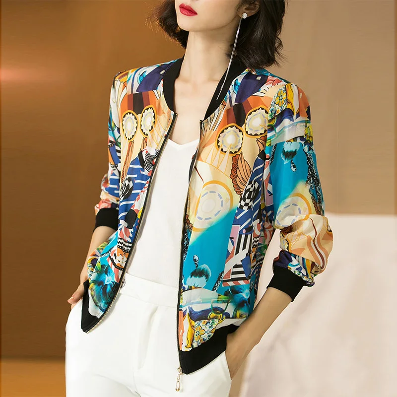 2018 Summer New Women Short Silk Printing Jacket Ladies O-Neck Casual Outwear Coat Tops Baseball Shirt Autumn A27 | Женская одежда