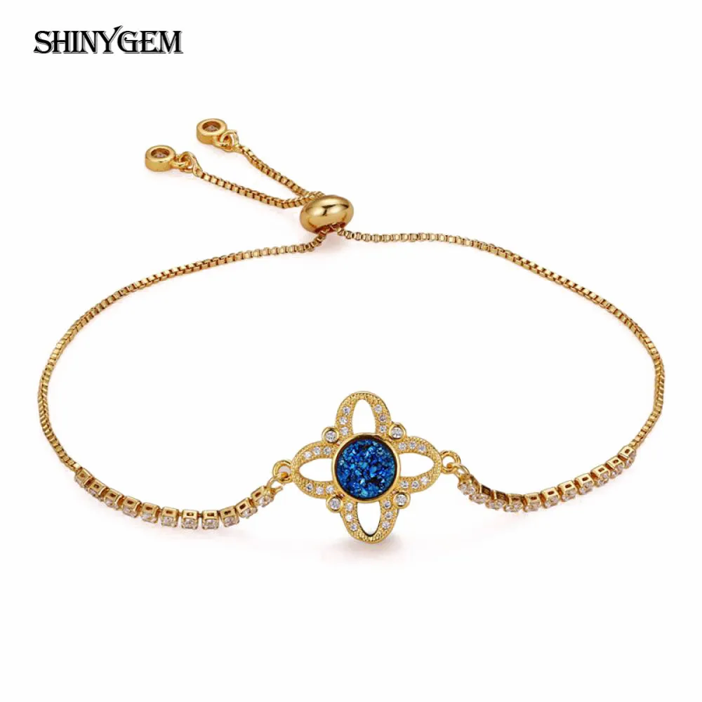 ShinyGem кристалл клевер браслет натуральный круглый Друза камень Регулируемая