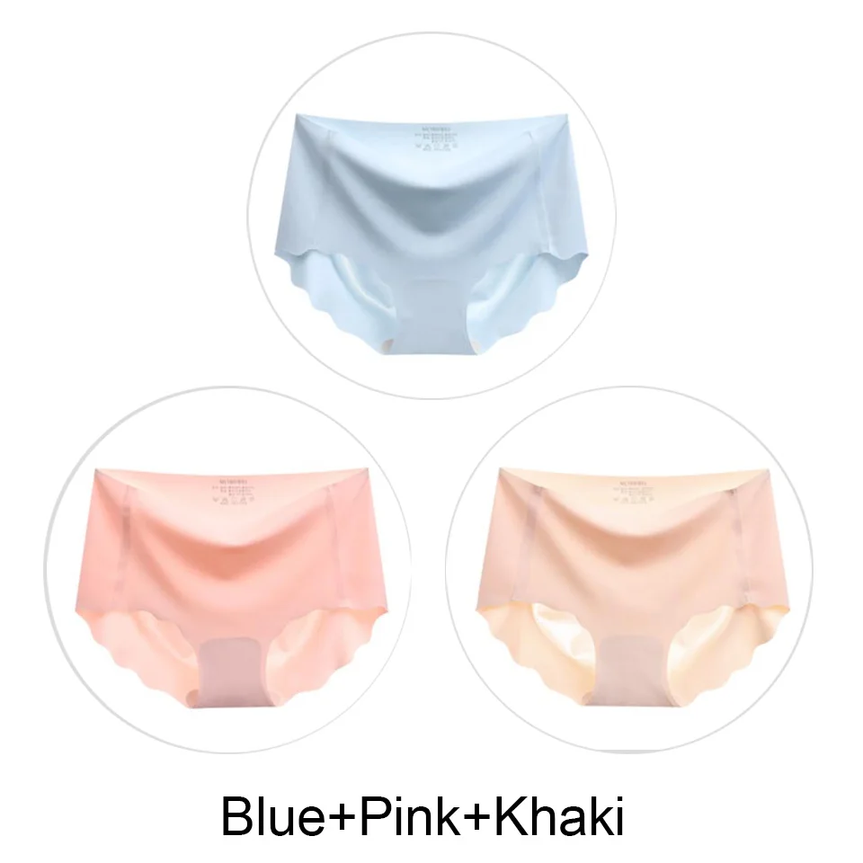 Blue-Pink-Khaki 3 шт. бесшовные трусы, нижнее белье для женщин, сексуальные трусики, одноцветные мягкие трусики для женщин, предотвращающие прилипание к прямой области, Lce шелковые трусики - Цвет: Blue-Pink-Khaki