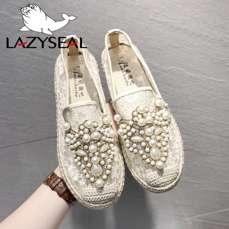 LazySeal/летние женские лоферы с круглым носком; Espadrilles; обувь из сетчатого материала с перламутровым верхом и кружевом; удобная женская обувь из пеньки; слипоны; zapato mujer