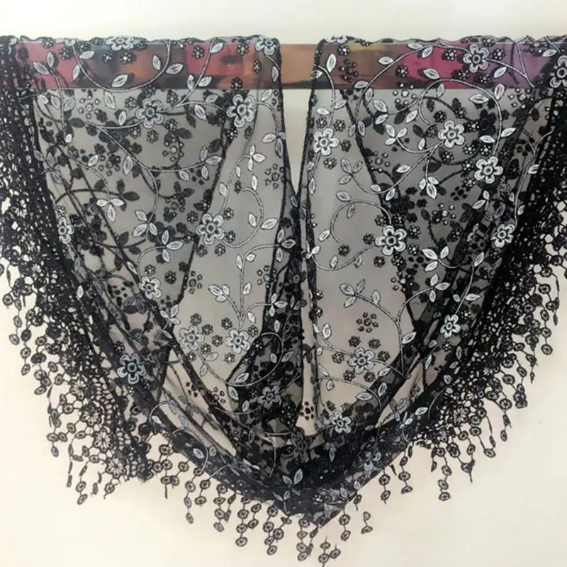 Модные полые шали с бахромой кружево органди цветочный узор принт треугольная вуаль церковная мантилия женский шарф-шаль обёрточная кисточка - Цвет: SC0418BK