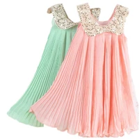 new summer girls pleated chiffon one piece dress with paillette collar children colthes for kids baby pinkgreen free shipping