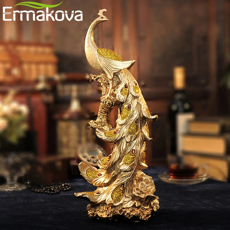 Ермакова 42 см(16,") высота смолы Феникс Статуэтка чистая золотая птица чудо статуя скульптура животного орнамент домашний офис Декор