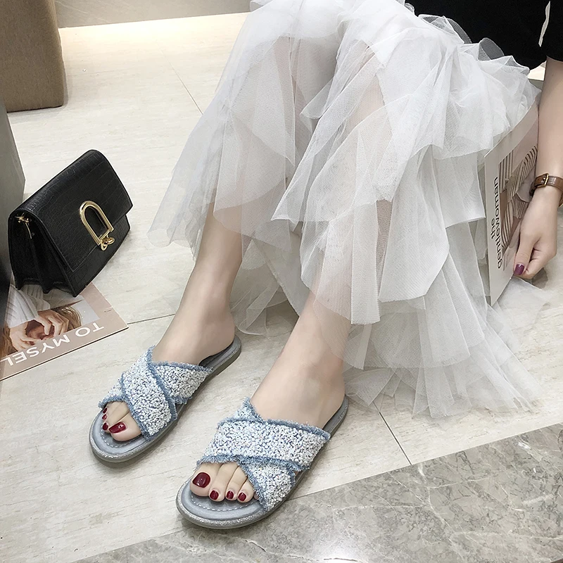 Женские шлепанцы с блестками BeautyFeet повседневные мягкие сланцы на плоской