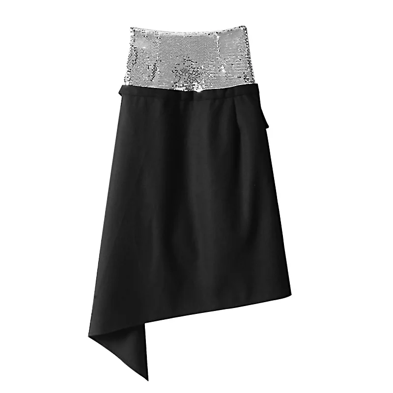 Женская юбка с блестками 2019 модная длинная серебряными и асимметричным подолом