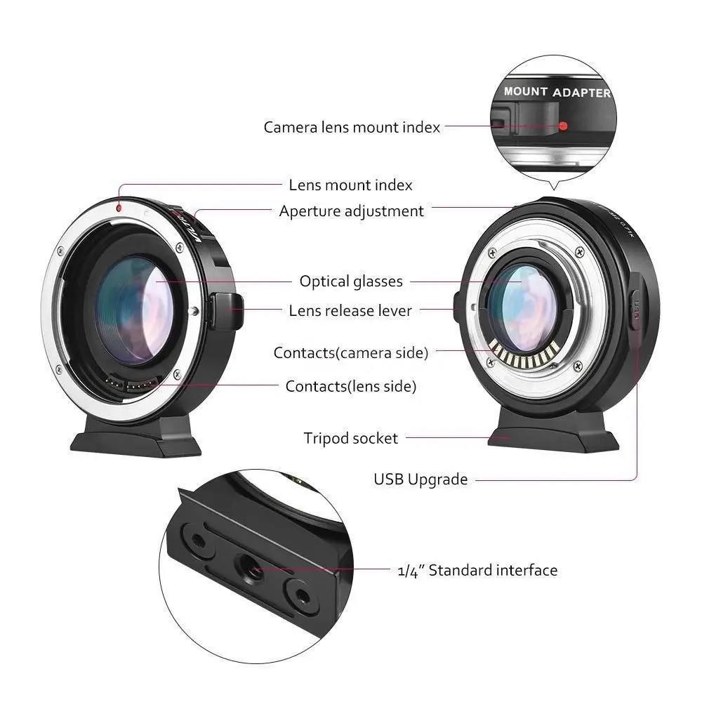 Кольцо адаптер Viltrox EF M2 II для объектива с автофокусом 0.71x Canon камеры MTF M4/3 GH5/4/3 GF8 omypus