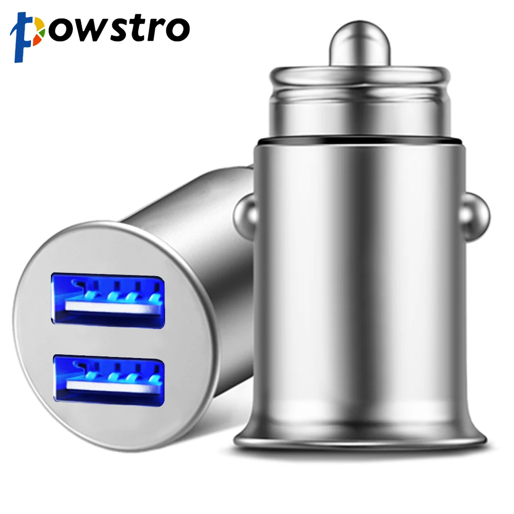 Powstro мини USB Автомобильное зарядное устройство адаптер 4.8A металлическое автомобильное зарядное устройство мобильный телефон автомобильное USB зарядное устройство Авто Зарядка дыхательный свет 2 порта 24 Вт