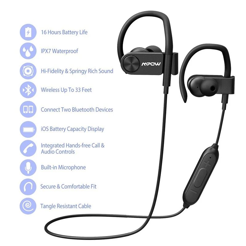 Расширенные наушники Mpow D2 Bluetooth Ipx7 водонепроницаемые беспроводные супер длинные