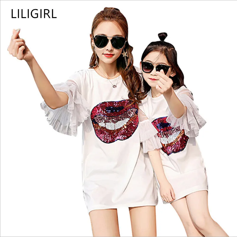LILIGIRL/Новые одинаковые комплекты одежды для семьи Детские платья с оборками и