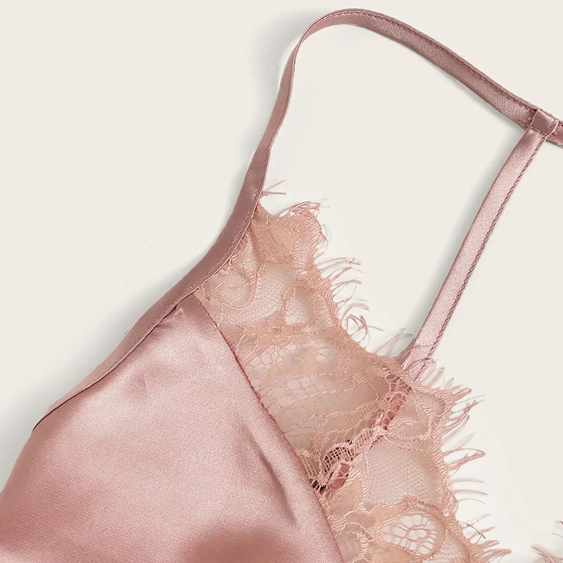 SHEIN Атласный Топ На Бретелях С Кружевом И Шорты Пижама Комплект Женский Розовый Летний Сексуальный Комплект Пижамы
