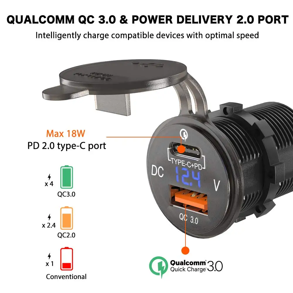 12 В Тип C USB зарядное устройство гнездо PD 18 Вт и QC 3 0 В/24 автомобильная