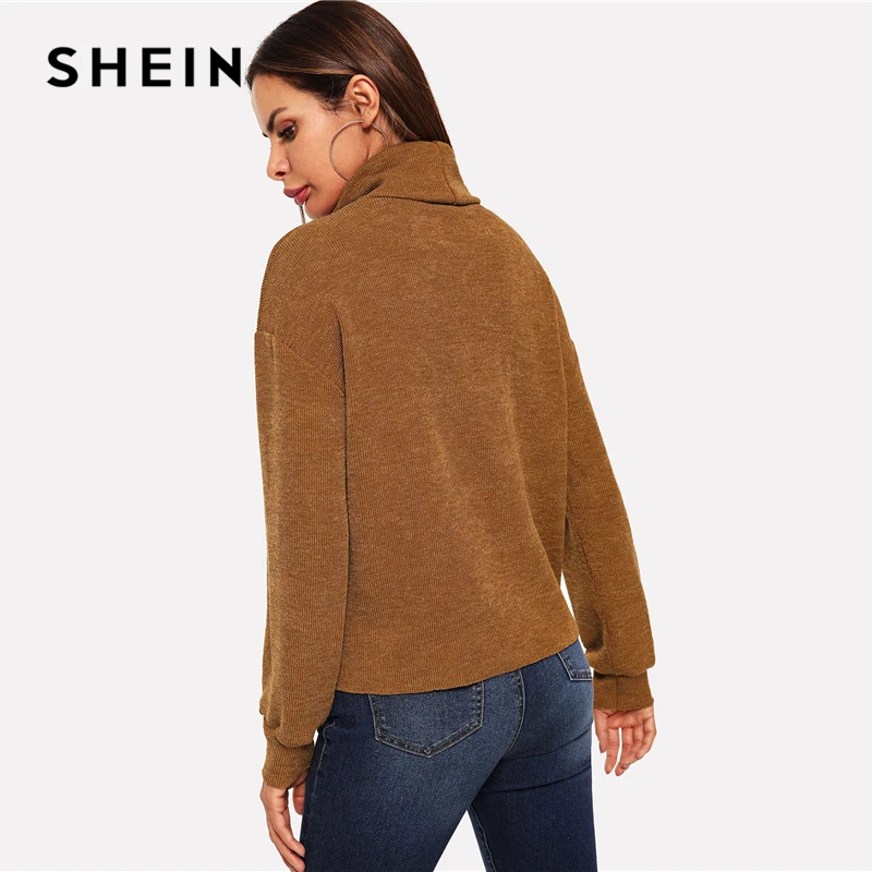 SHEIN Одноцветный Пуловер С Высоким Вырезом Повседневные Джемперы С Длинным Рукавом С Высоким Воротником Женская Осенняя Толстовка