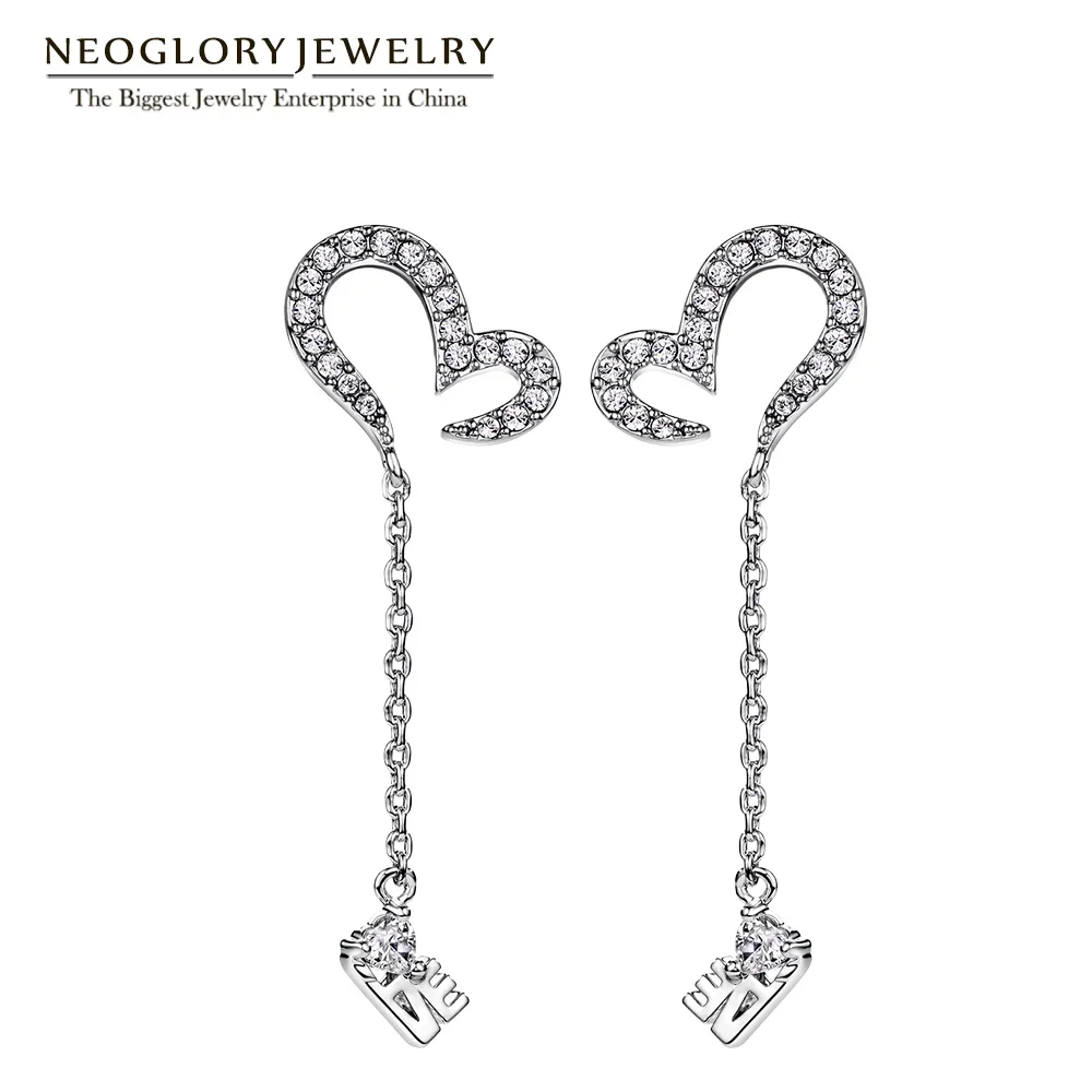 Neoglory Австрия Стразы посеребренные модные серьги подвески в форме сердца