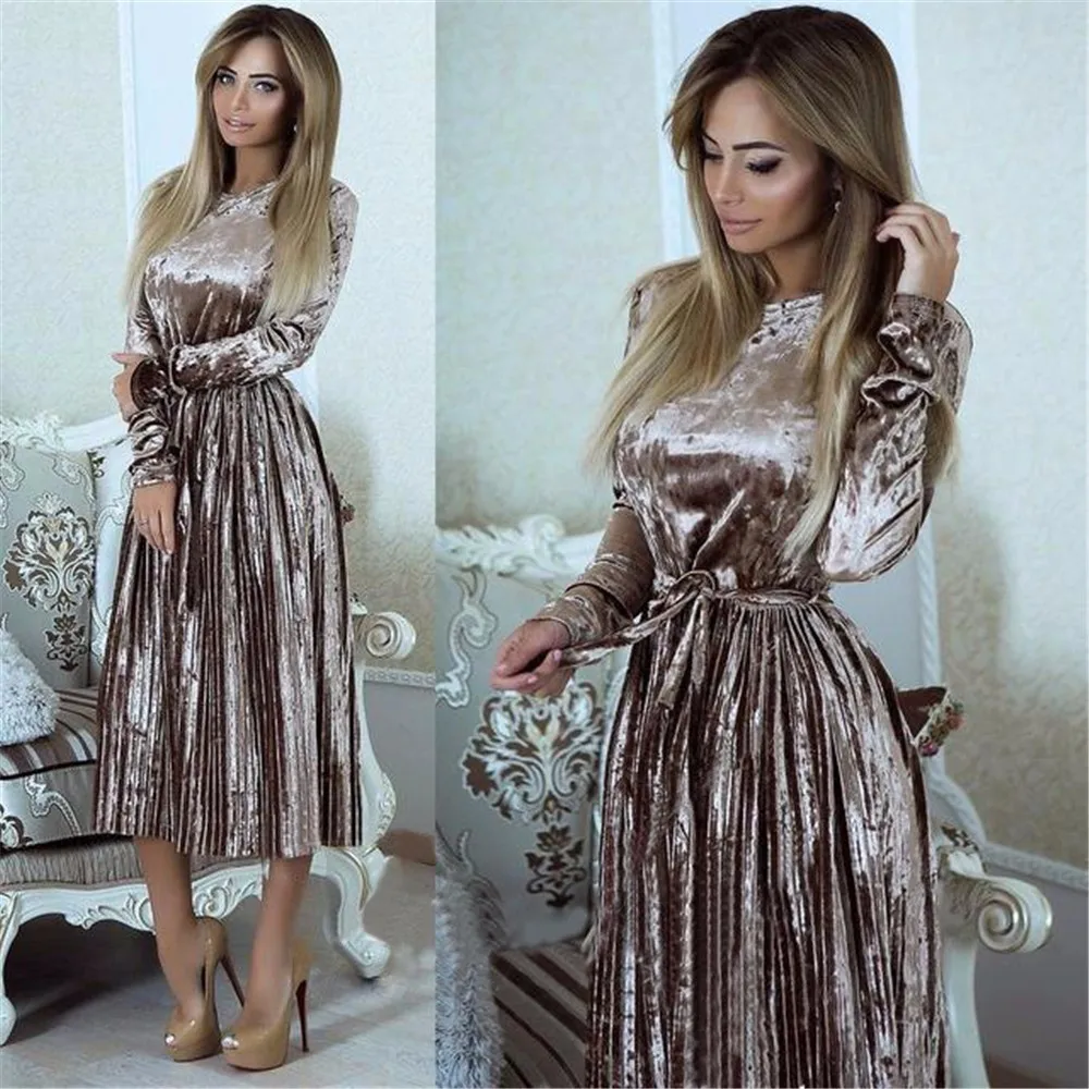 VITIANA Women Maxi Long Casual Velvet Dress Female Autumn Green Blue Sleeve Winter Vintage Elegant Pleated Party Dresses|Женские платья|