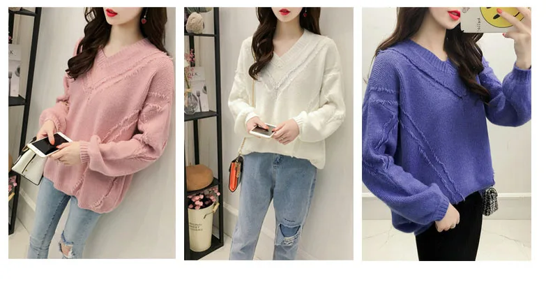 OHRYIYIE, свободный свитер с v-образным вырезом, Женский вязаный пуловер, Осень-зима, розовый, белый, синий, свитер с кисточками, джемпер для женщин