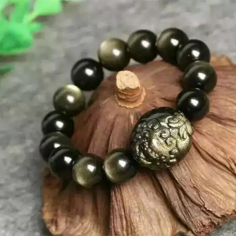 

AAAAA High Quality Natural Black Gold Obsidian Both Brave Troops Men And Women Recruit Wealth Exorcise Evil bracelet 12mm