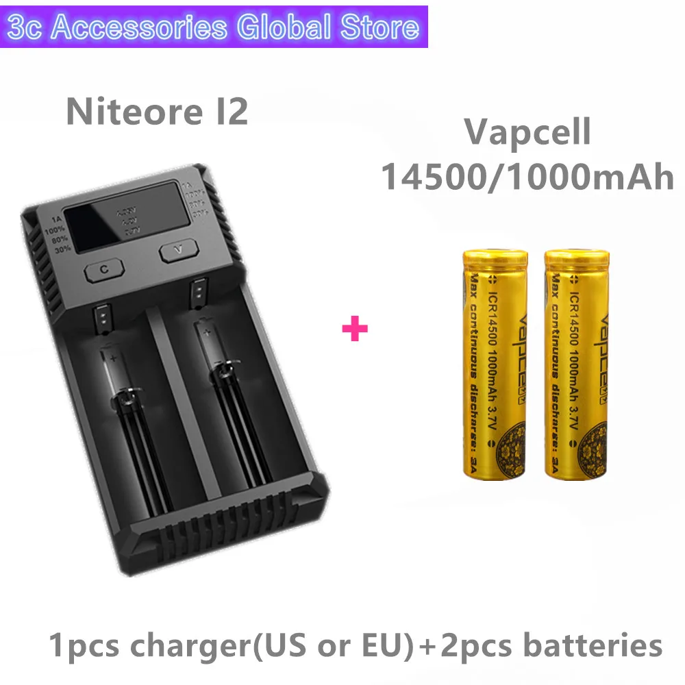 Vapcell 2 шт. ICR 14500 1000 мАч 3A литий-ионная аккумуляторная батарея с Nitecore Новый I2 Digi