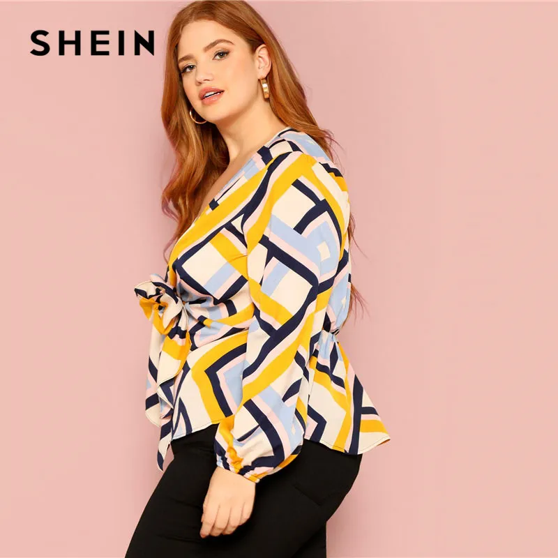 SHEIN Стильный Топ Размера Плюс С V-Образным Вырезом Женские Многоцветные Повседневные Блузки С Длинными Рукавами