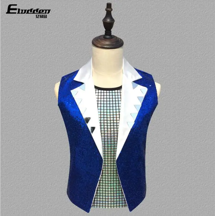 Original colete masculino men vest Sequin clothing tirantes hombre personalized singer dance stage street star style dress blue