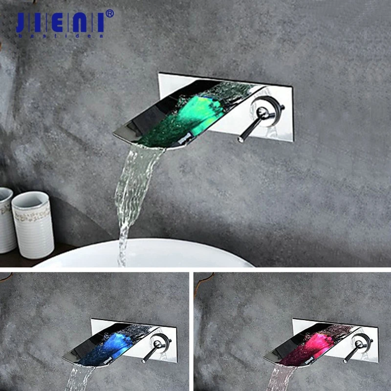

JIENI Nickel Brushed LED Bathroom Bathtub Faucet Wall Mounted Waterfall Chrome Vanity Vessel Sink Mixer Cold & Hot Water Tap