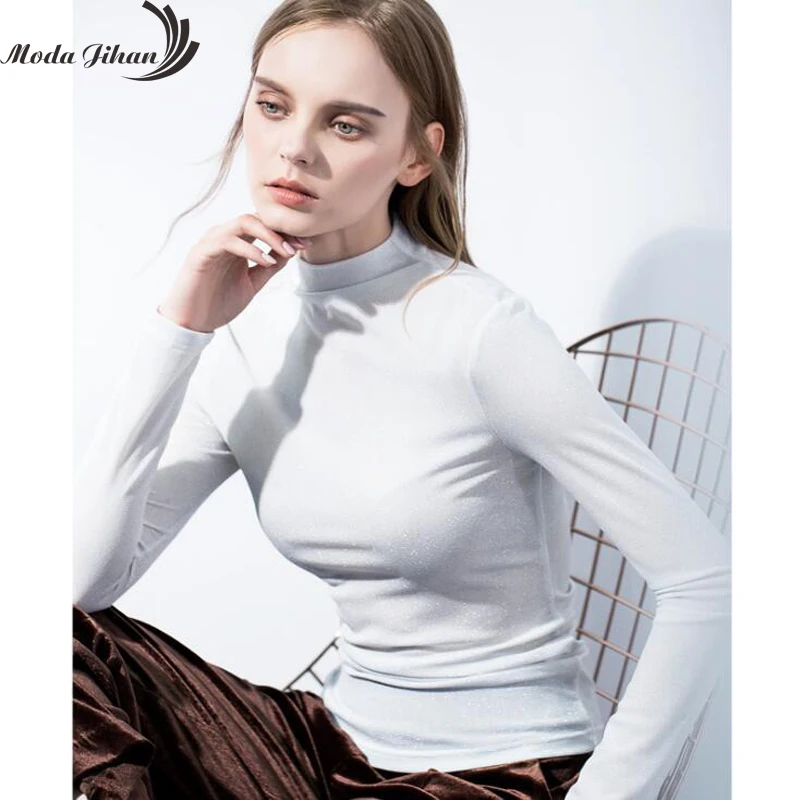 Moda Jihan женские футболки блестящая водолазка с высоким воротником топы длинными