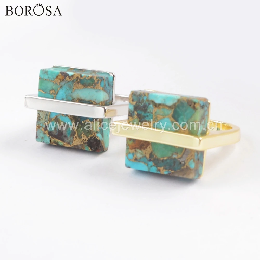 BOROSA 6 шт. Гальванизированный 17 мм квадратный медь натуральная Бирюза Кольцо драгоценные камни кольца помолвка ZG0377